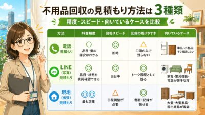 不用品回収の見積もり方法は3種類｜精度・スピード・向いているケースを比較