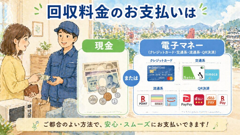 回収料金のお支払いは「現金」または「電子マネー（クレジットカード・交通系・流通系・QR決済）」で