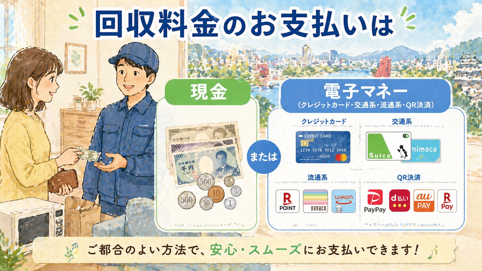 回収料金のお支払いは「現金」または「電子マネー（クレジットカード・交通系・流通系・QR決済）」で