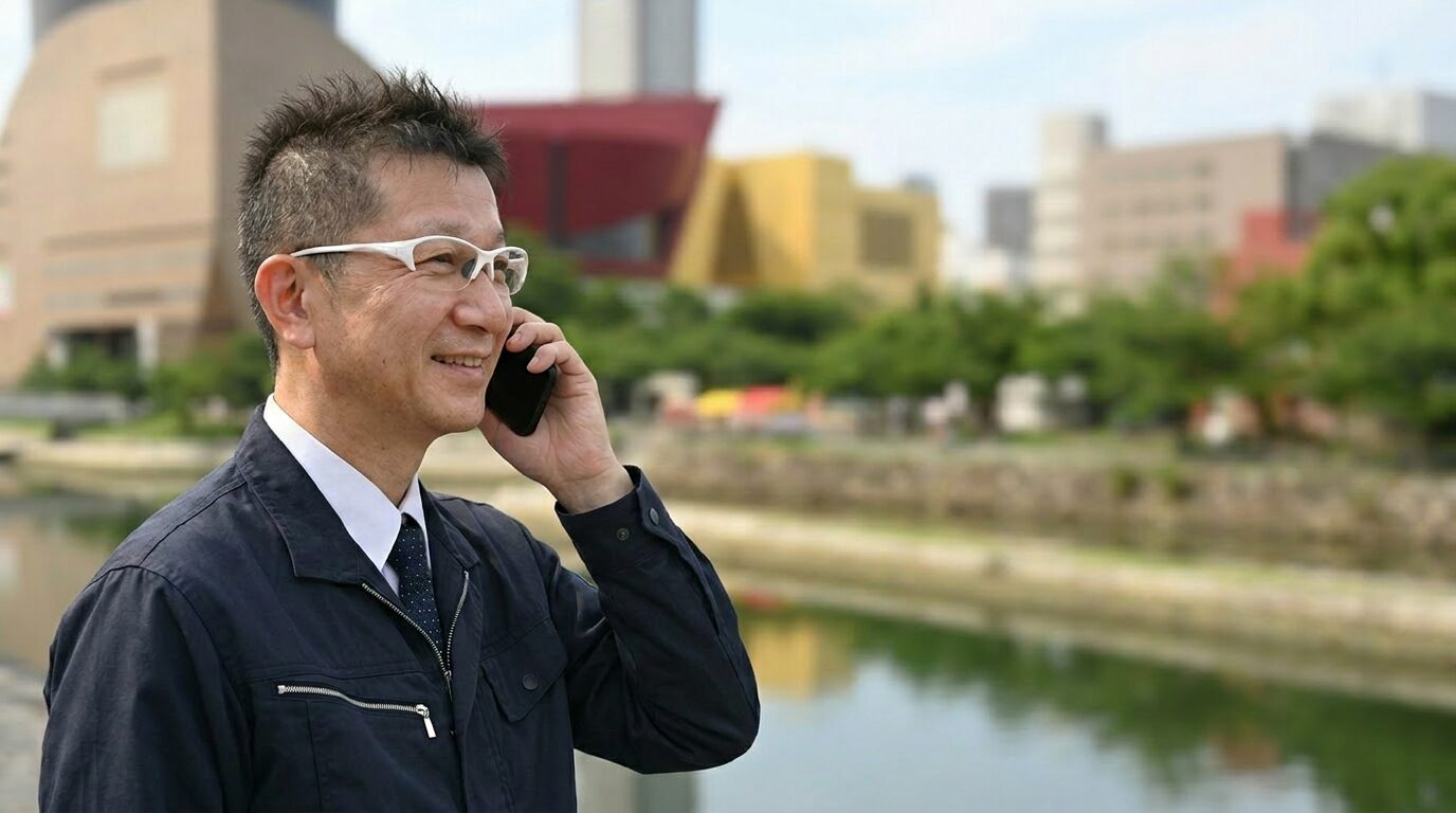 リバーウォークの近くで電話をしている様子