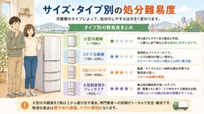 冷蔵庫のタイプによって、処分のしやすさは大きく変わります