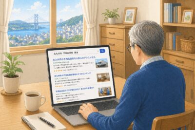 北九州市の老人が「不用品回収 北九州市 業者」でGoogle検索している様子
