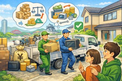 北九州市の一軒家で不用品回収スタッフが搬出作業をしている現場｜量や条件によって料金が変わる理由を現場で確認