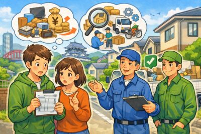 北九州市の住宅街で不用品回収の見積もりを確認する様子｜料金が高い理由を正しく知って適正業者を選ぼう