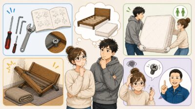 北九州市の大学生カップルがベッドの処分で悩む様子