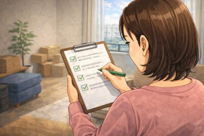 北九州市の室内でチェックリストを確認する主婦
