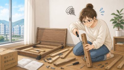 北九州市の粗大ゴミに出すためにベッドフレームを解体する女子大生
