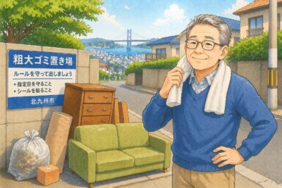 北九州市の粗大ゴミ置き場の前で汗ばむ老人