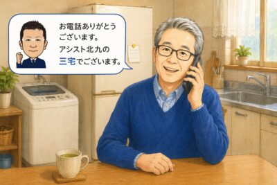 北九州市の老人が、不用品回収をアシスト北九に予約の電話をしている様子