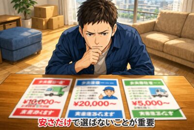 北九州市の部屋で複数の不用品回収業者を比較する男性