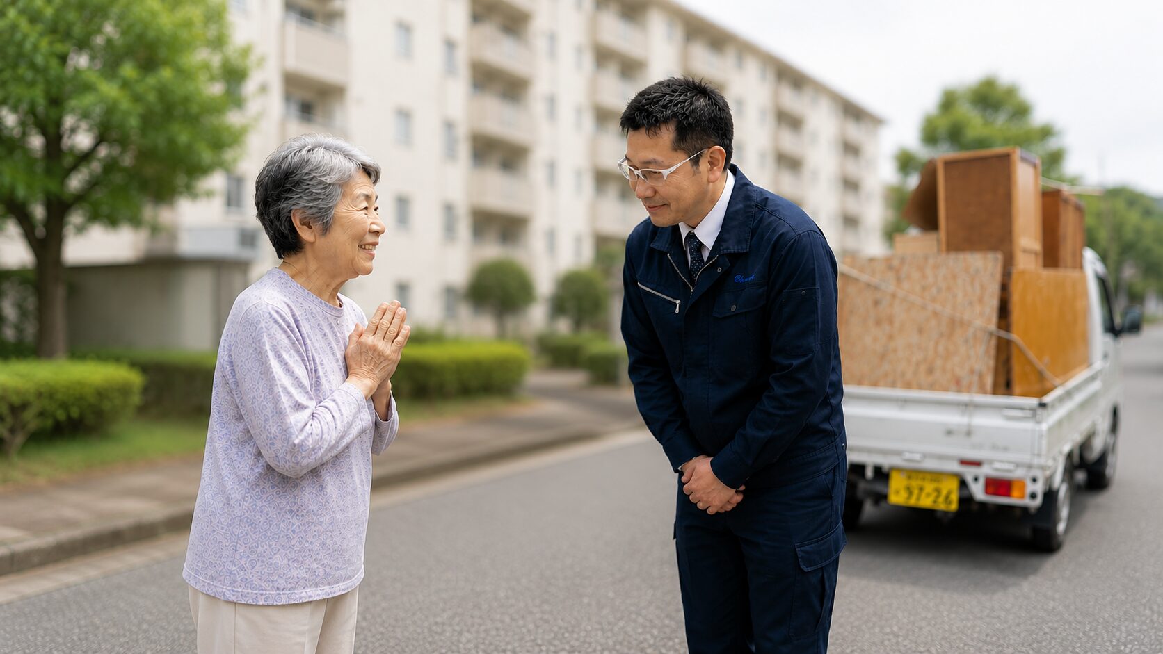 北九州市営住宅での不用品回収が終わり挨拶をしているイメージ