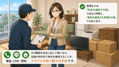 女性が不用品回収の現地見積もりをしてもらっている様子