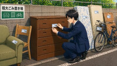 市の粗大ゴミに出すためにラベルを貼る男性