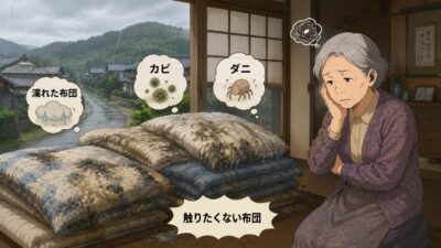 汚れたた布団の処分に困る老婆