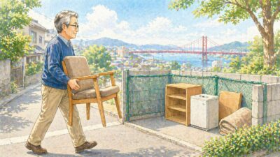 男性が北九州市の粗大ゴミ置き場に椅子を出す様子