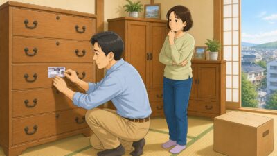 粗大ゴミに出す箪笥に粗大ゴミ処理券を貼る旦那さん