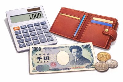 財布と計算機と日本円|ソファ処分の料金目安を考えるイメージ