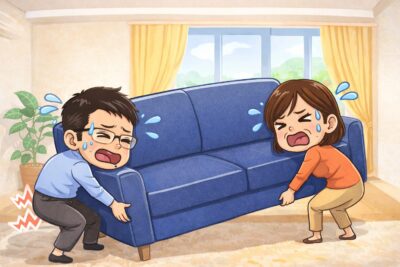 重いソファを2人で運び出す様子|大型家具の搬出作業イメージ